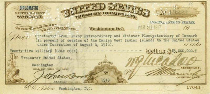 Le chèque “en or” avec lequel les Américains ont acheté les Antilles danoises pour 25 millions de dollars en 1917.