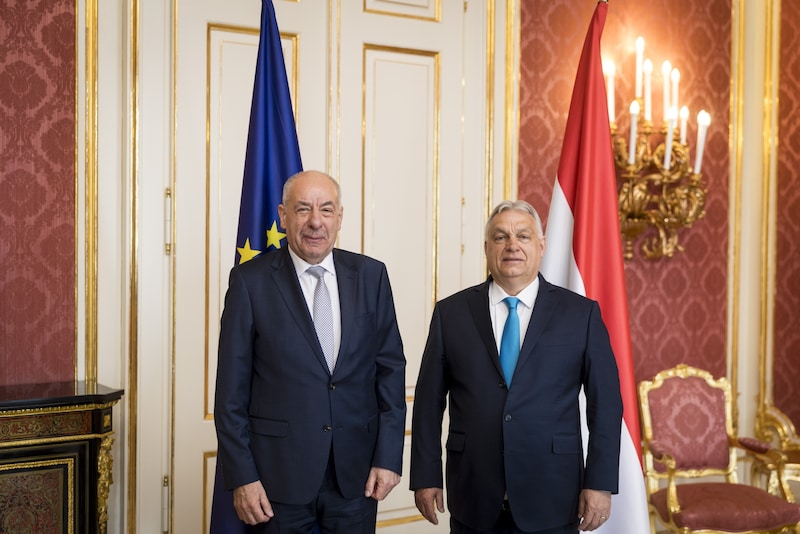 Le président hongrois Tamas Sulyok, à gauche, et le Premier ministre démissionnaire Viktor Orban