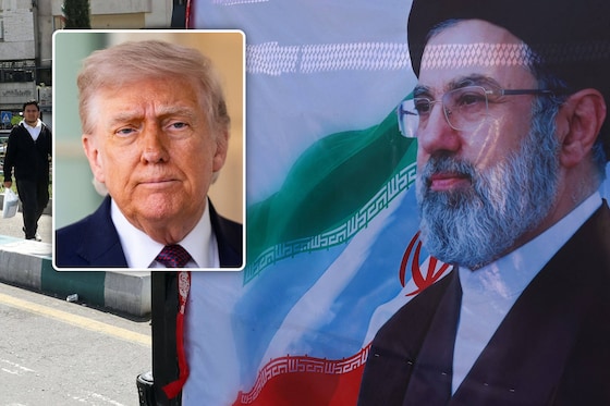 Donald Trump et un portrait du guide suprême iranien, Mojtaba Khamenei, à Téhéran