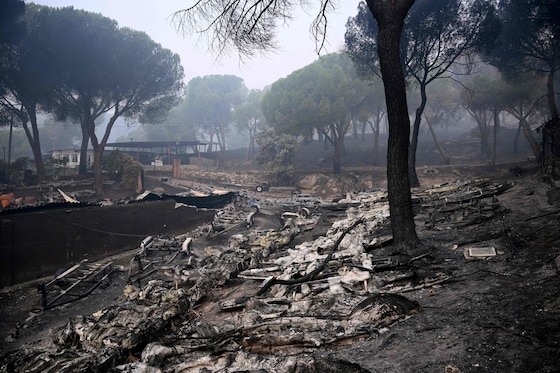 Des bateaux fondus sur le lac de San Juan après le passage du feu, à Pelayos de la Presa, à 65 kilomètres au sud-ouest de Madrid, le 28 juillet 2026. 