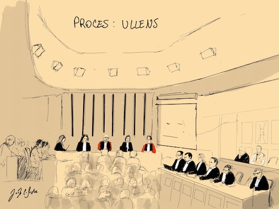 Ce croquis montre l'accusé et les avocats du procès Ullens, de gauche à droite: Jean-Philippe Mayence, Quentin Mayence, Justine Wayntraub, Marko Obradovic, Gilles Vanderbeck et Laurent Kennes, lors d'une audience de Nicolas Ullens de Schooten devant la Cour d'assises de la province du Brabant wallon à Nivelles, le vendredi 25 septembre 2026.